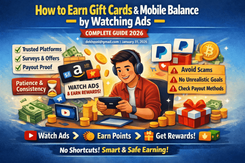Young man earning gift cards and mobile balance by watching ads online.