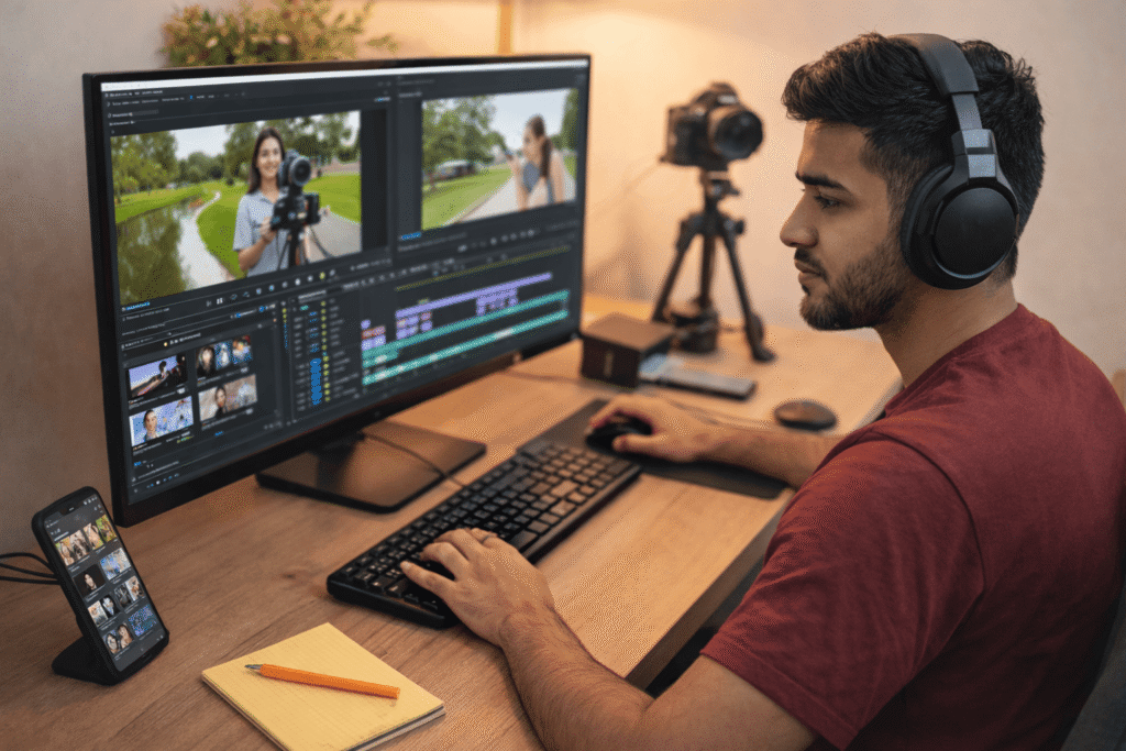 Young freelancer editing social media videos on computer as a video editing freelancing skill
